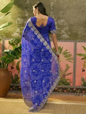 Blue bandhani printed saree with embroidered border 5