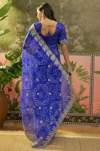 Blue bandhani printed saree with embroidered border