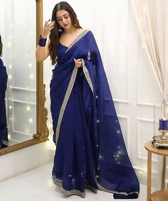 Navy Blue Color Thred & Sequnce work with LCD Diamond Silk Blend Saree 1