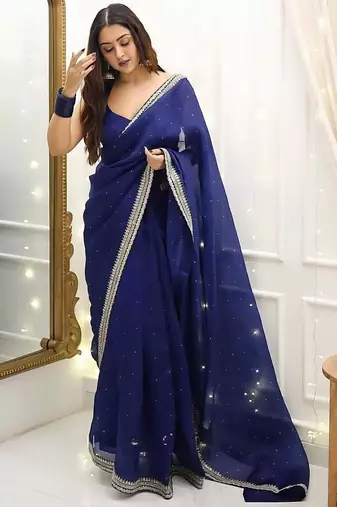 Navy Blue Color Thred & Sequnce work with LCD Diamond Silk Blend Saree