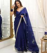 Navy Blue Color Thred & Sequnce work with LCD Diamond Silk Blend Saree