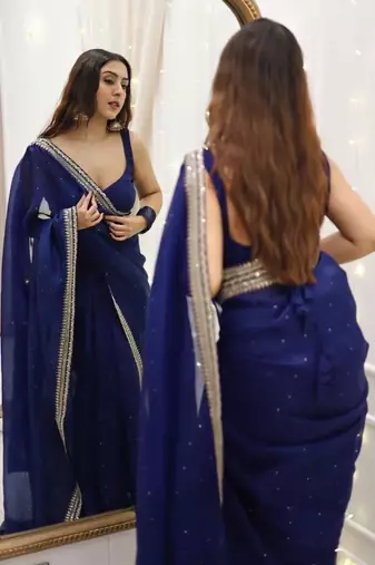 Navy Blue Color Thred & Sequnce work with LCD Diamond Silk Blend Saree