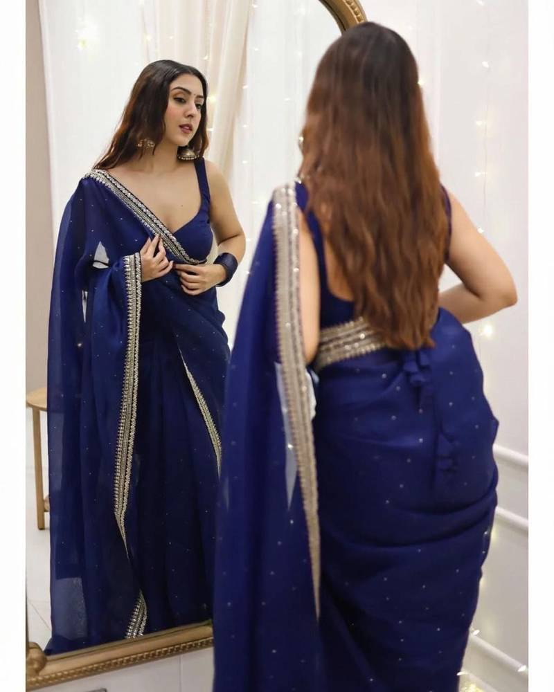Navy Blue Color Thred & Sequnce work with LCD Diamond Silk Blend Saree