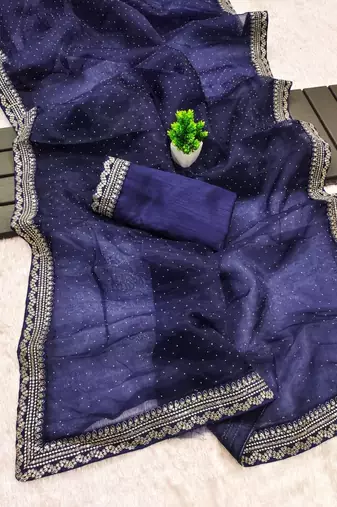 Navy Blue Color Thred & Sequnce work with LCD Diamond Silk Blend Saree