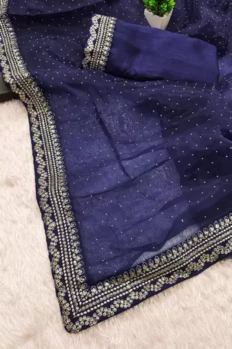 Navy Blue Color Thred & Sequnce work with LCD Diamond Silk Blend Saree