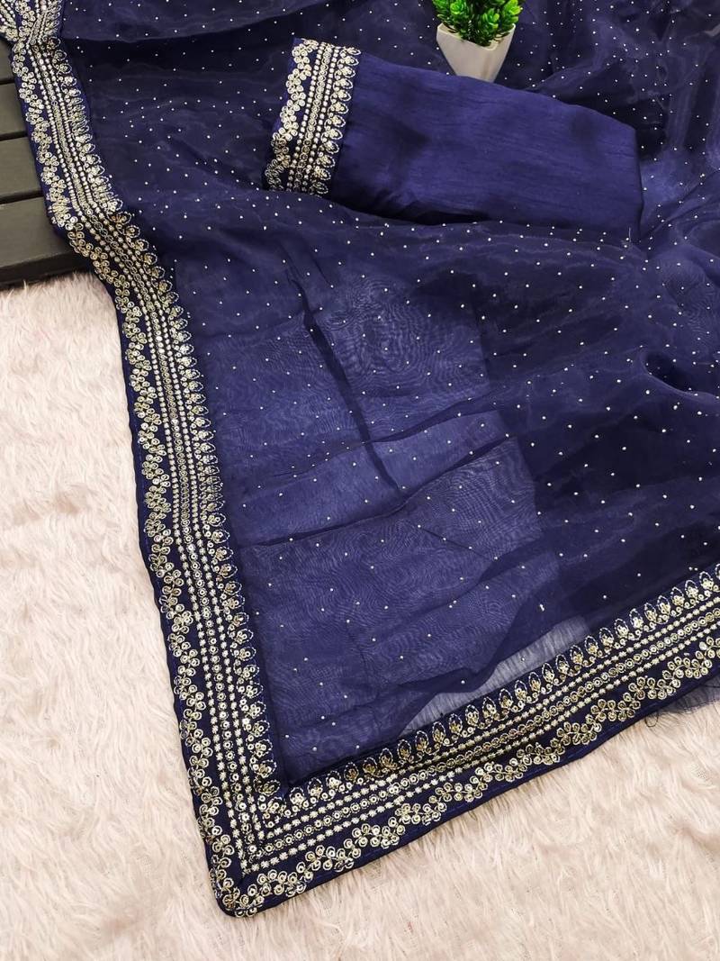 Navy Blue Color Thred & Sequnce work with LCD Diamond Silk Blend Saree