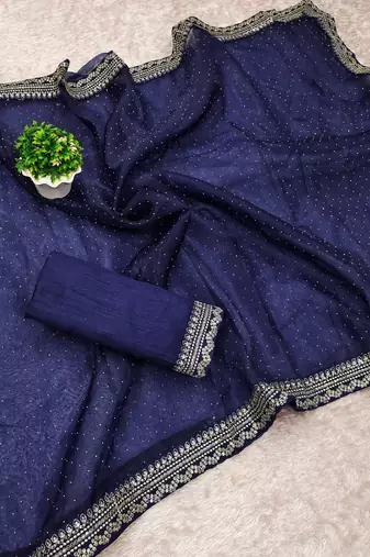 Navy Blue Color Thred & Sequnce work with LCD Diamond Silk Blend Saree