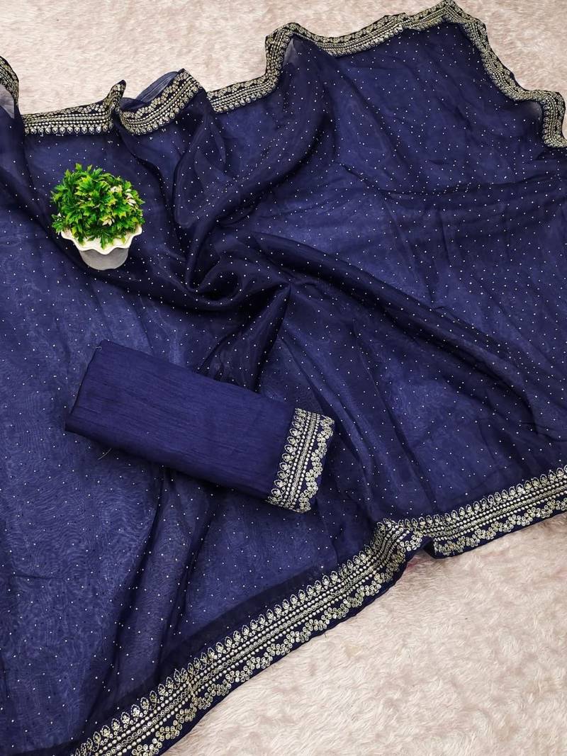 Navy Blue Color Thred & Sequnce work with LCD Diamond Silk Blend Saree