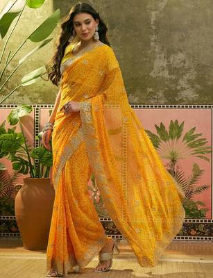 Yellow bandhani printed saree with embroidered border 3