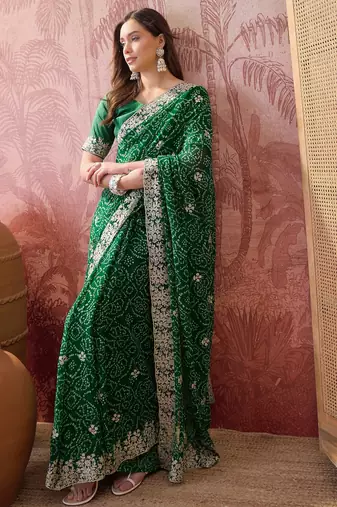 Green bandhani printed saree with embroidered border
