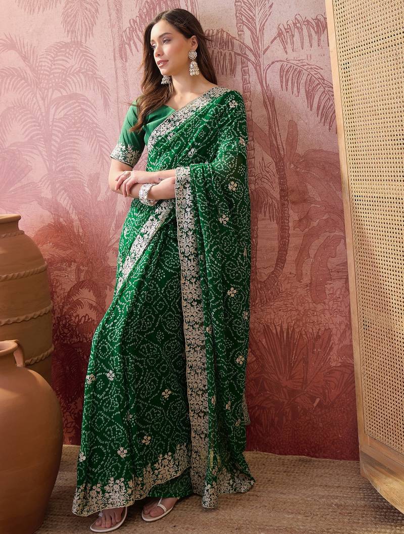 Green bandhani printed saree with embroidered border