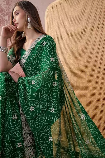 Green bandhani printed saree with embroidered border