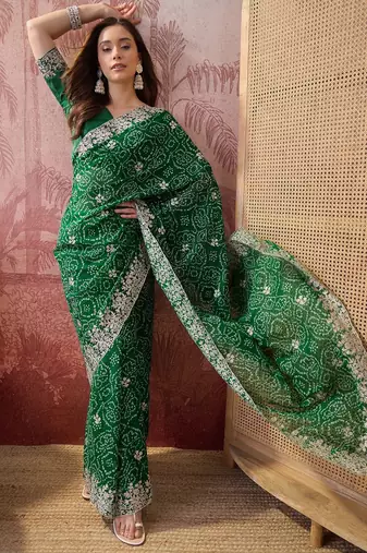 Green bandhani printed saree with embroidered border