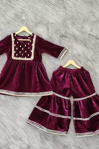 Maroon mirror velvet sharara