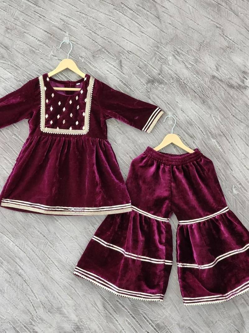 Maroon mirror velvet sharara