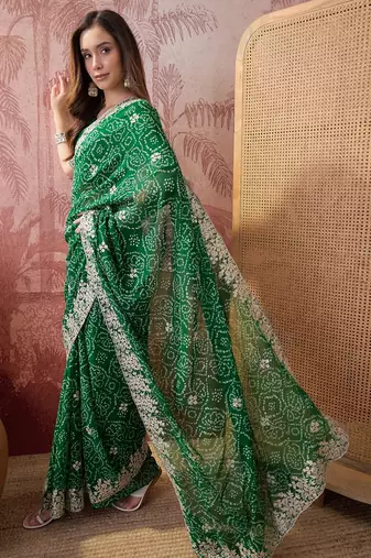 Green bandhani printed saree with embroidered border