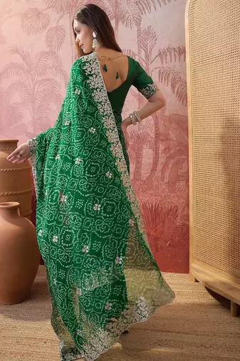 Green bandhani printed saree with embroidered border