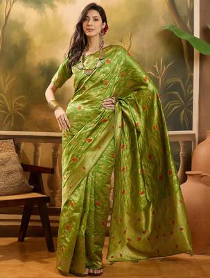 elegant green banarasi jacquard saree with zari weaving & mina detailing 1