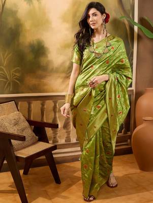 elegant green banarasi jacquard saree with zari weaving & mina detailing 2