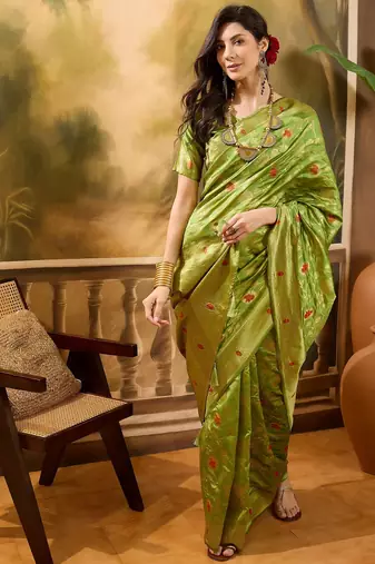 elegant green banarasi jacquard saree with zari weaving & mina detailing