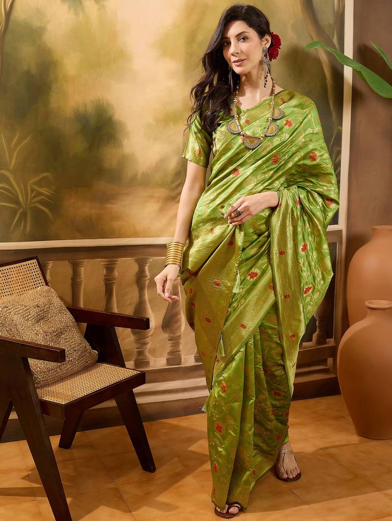 elegant green banarasi jacquard saree with zari weaving & mina detailing