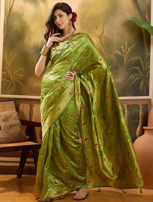 elegant green banarasi jacquard saree with zari weaving & mina detailing 3
