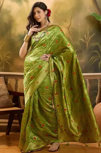 elegant green banarasi jacquard saree with zari weaving & mina detailing