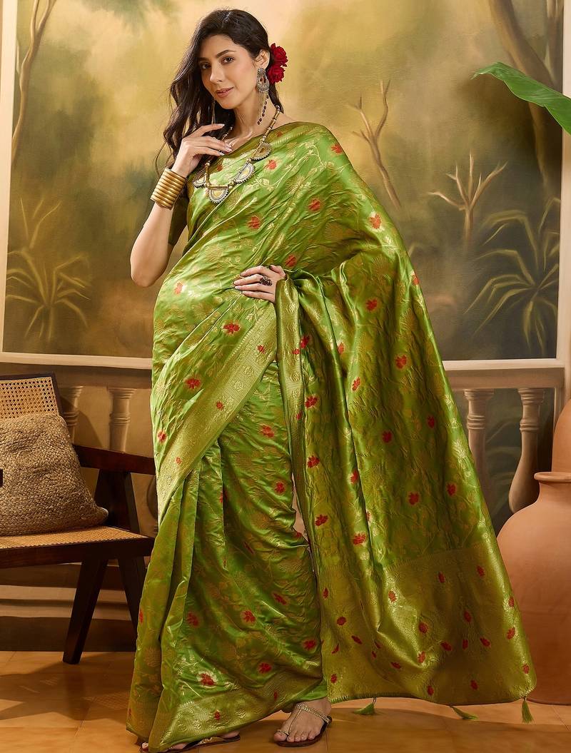elegant green banarasi jacquard saree with zari weaving & mina detailing