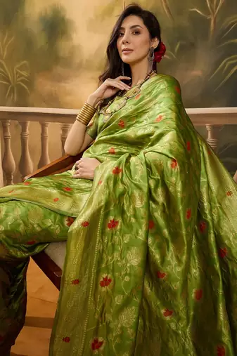 elegant green banarasi jacquard saree with zari weaving & mina detailing