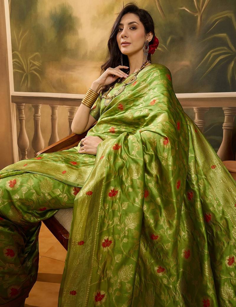 elegant green banarasi jacquard saree with zari weaving & mina detailing