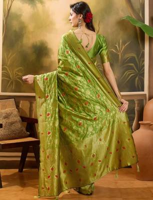 elegant green banarasi jacquard saree with zari weaving & mina detailing 5