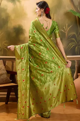 elegant green banarasi jacquard saree with zari weaving & mina detailing