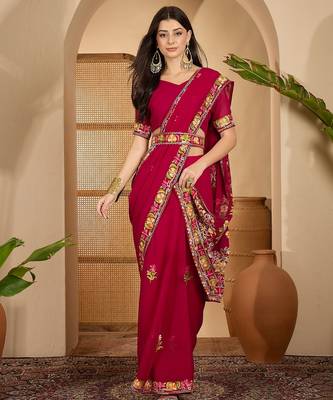 Wine red georgette embroidered saree with floral border elegant festive wear designer saree 1
