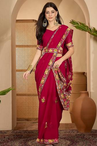 Wine red georgette embroidered saree with floral border elegant festive wear designer saree