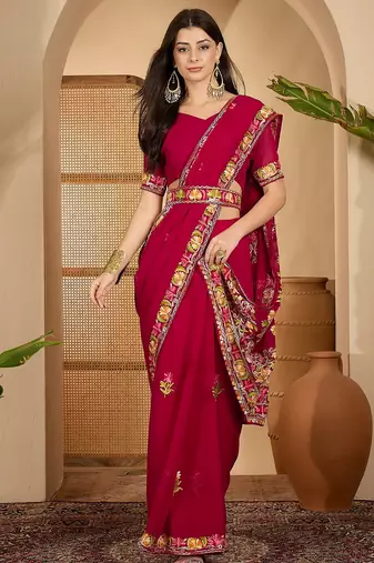 Wine red georgette embroidered saree with floral border elegant festive wear designer saree