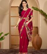 Wine red georgette embroidered saree with floral border elegant festive wear designer saree