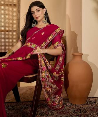 Wine red georgette embroidered saree with floral border elegant festive wear designer saree 2