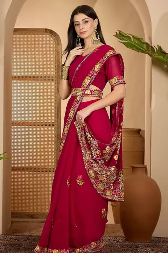 Wine red georgette embroidered saree with floral border elegant festive wear designer saree