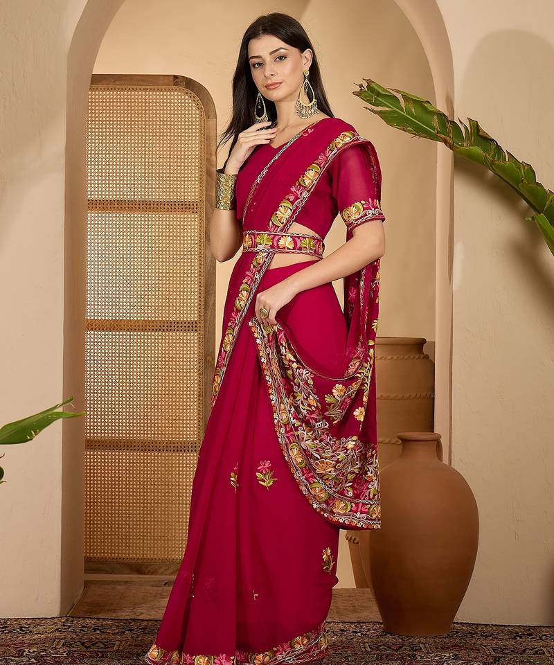 Wine red georgette embroidered saree with floral border elegant festive wear designer saree