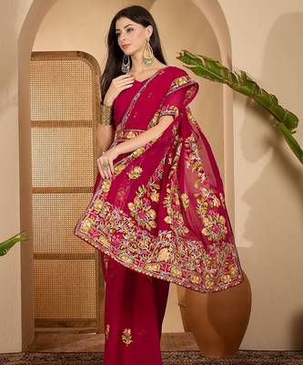Wine red georgette embroidered saree with floral border elegant festive wear designer saree 4