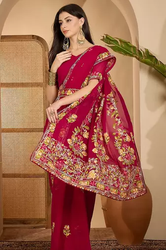 Wine red georgette embroidered saree with floral border elegant festive wear designer saree