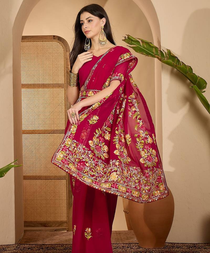 Wine red georgette embroidered saree with floral border elegant festive wear designer saree