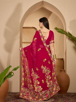 Wine red georgette embroidered saree with floral border elegant festive wear designer saree 5