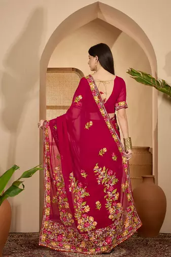 Wine red georgette embroidered saree with floral border elegant festive wear designer saree