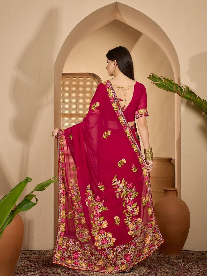 Wine red georgette embroidered saree with floral border elegant festive wear designer saree