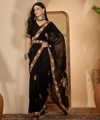 Black georgette embroidered saree with belt kashmiri thread work festive wear designer saree 1