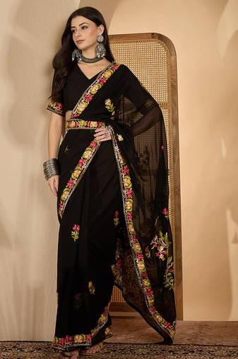 Black georgette embroidered saree with belt kashmiri thread work festive wear designer saree