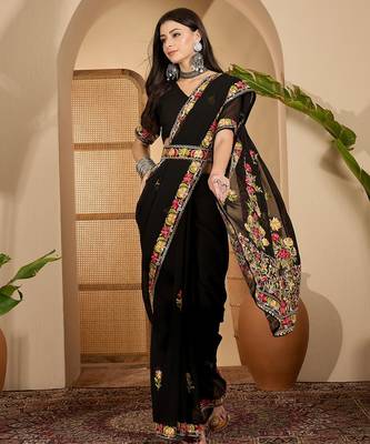 Black georgette embroidered saree with belt kashmiri thread work festive wear designer saree 2