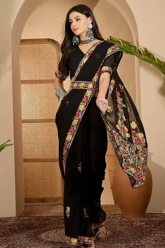 Black georgette embroidered saree with belt kashmiri thread work festive wear designer saree