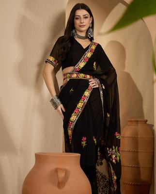 Black georgette embroidered saree with belt kashmiri thread work festive wear designer saree 3